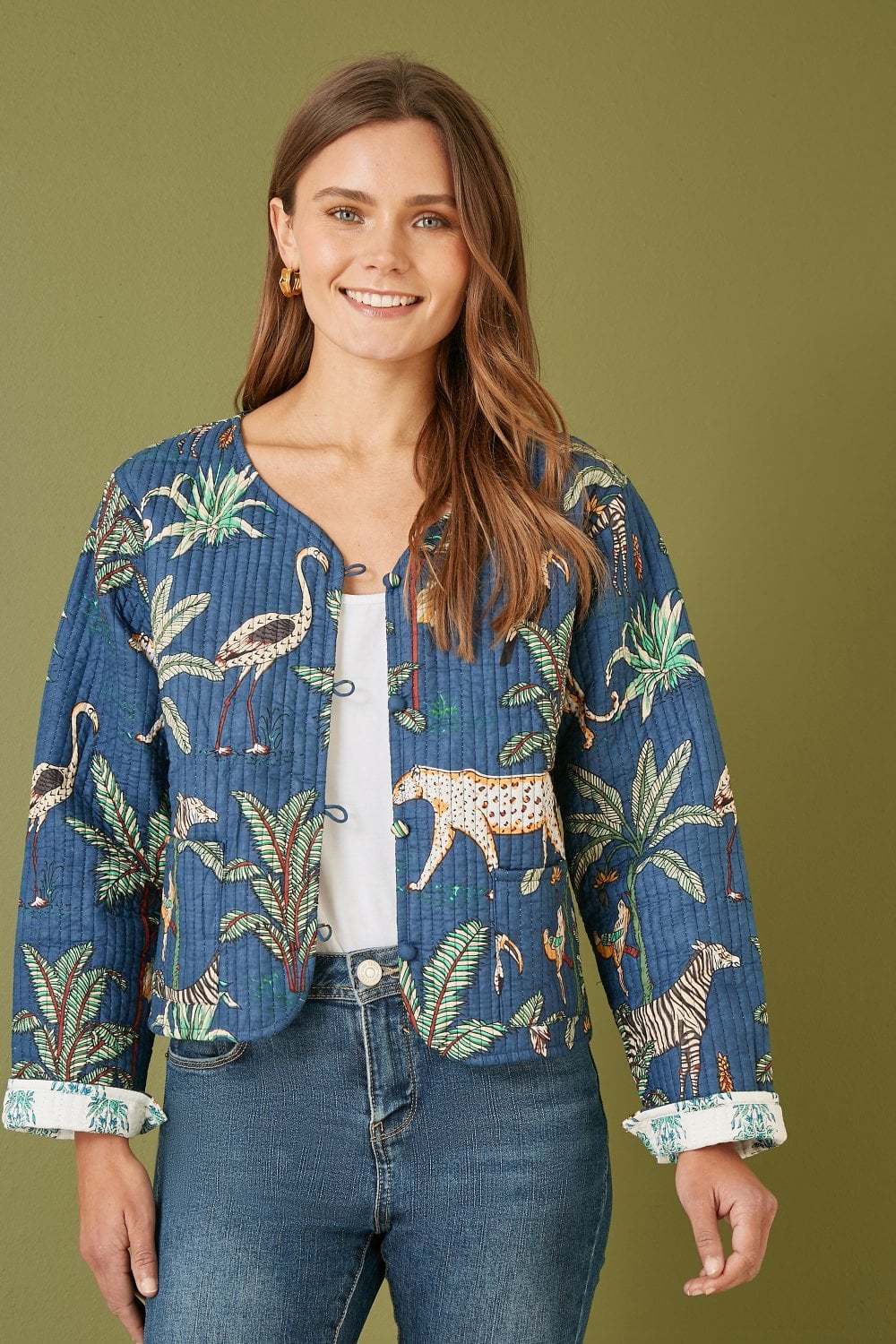 Yumi Blue Animal Print Reversible Cotton Cropped Quilted Jacket