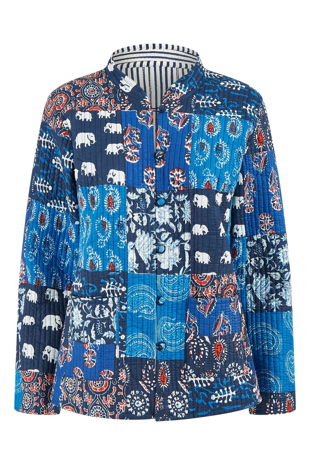Yumi Blue Indian Patchwork Print Reversible Cotton Quilted Jacket