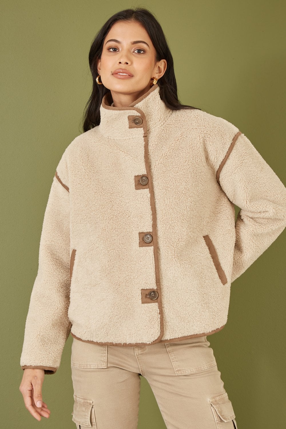 Yumi Cream Borg High Neck Jacket With Faux Leather Trims