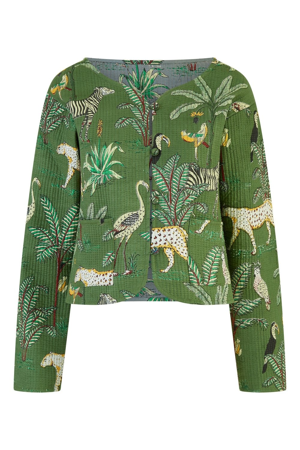 Yumi Green Animal Print Reversible Cotton Cropped Quilted Jacket