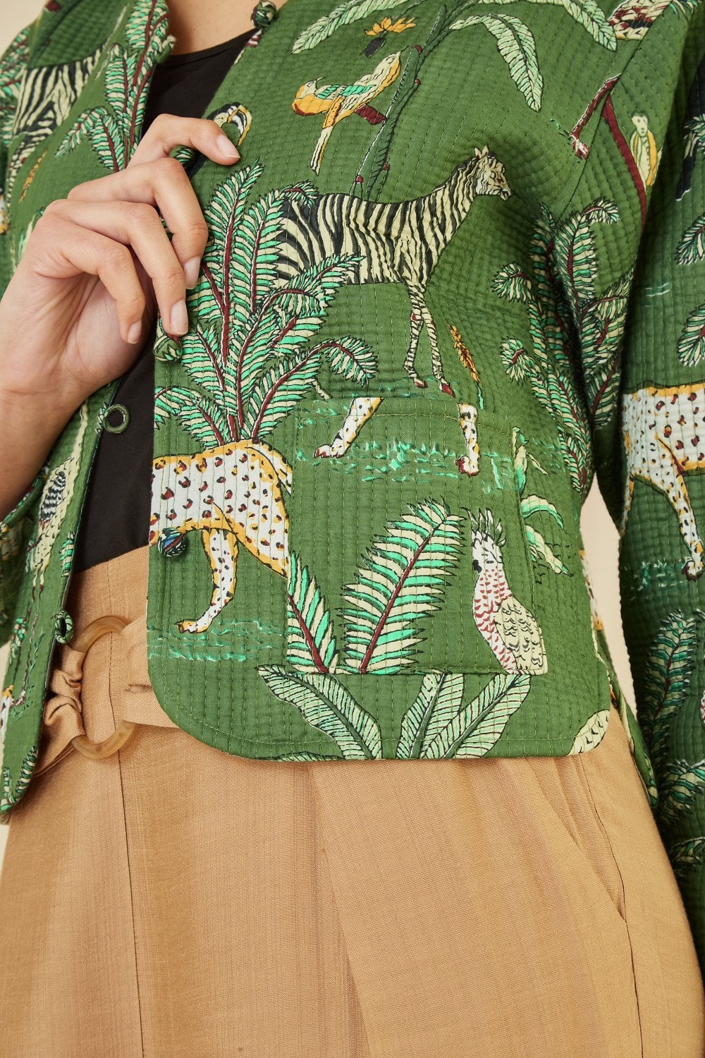 Yumi Green Animal Print Reversible Cotton Cropped Quilted Jacket
