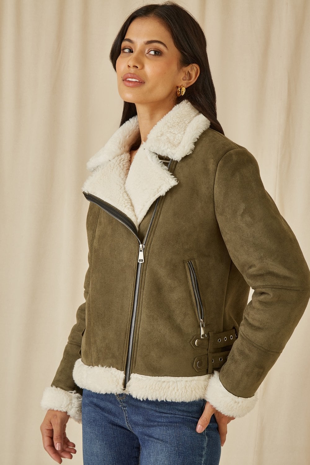 Yumi Green Faux Suede And Shearling Biker Jacket