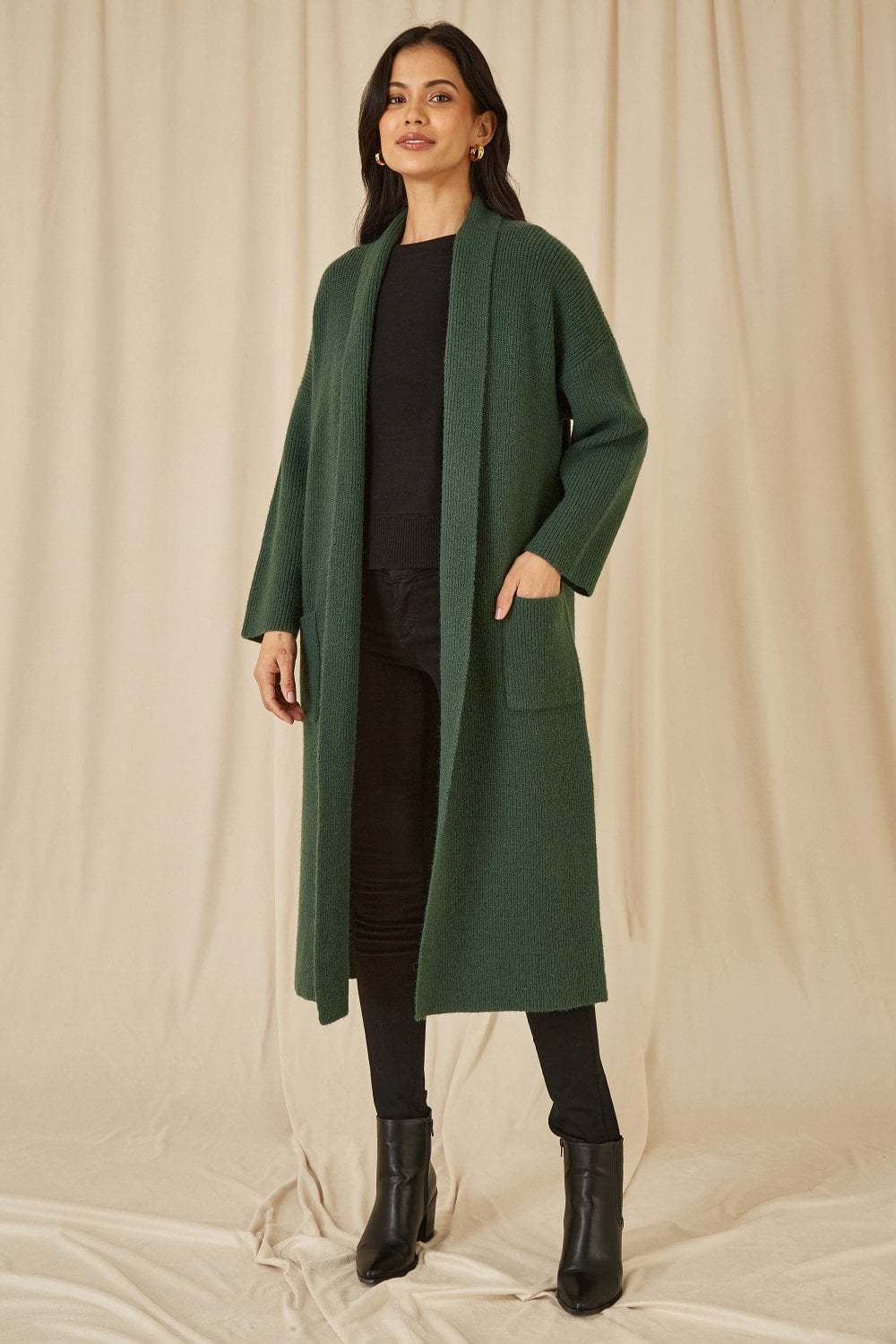 Yumi Green Knitted Maxi Cardigan With Pockets