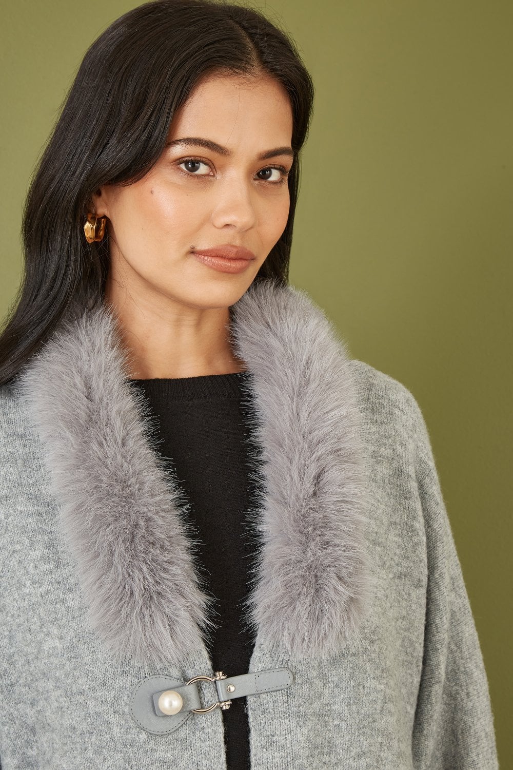Yumi Grey Cardigan With Detachable Fur Collar Trim