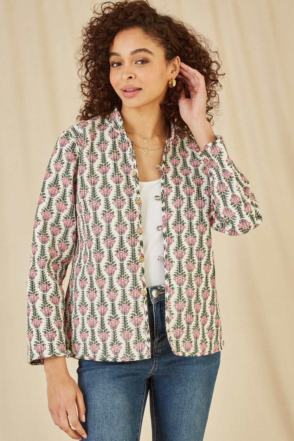 Yumi Pink Floral Print Reversible Cotton Quilted Jacket