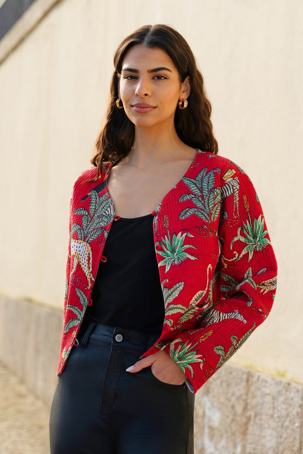 Yumi Red Animal Print Reversible Cotton Cropped Quilted Jacket