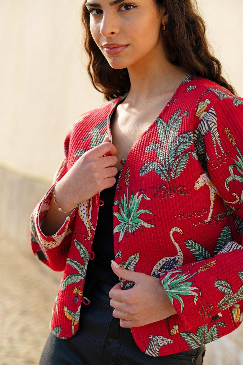 Yumi Red Animal Print Reversible Cotton Cropped Quilted Jacket