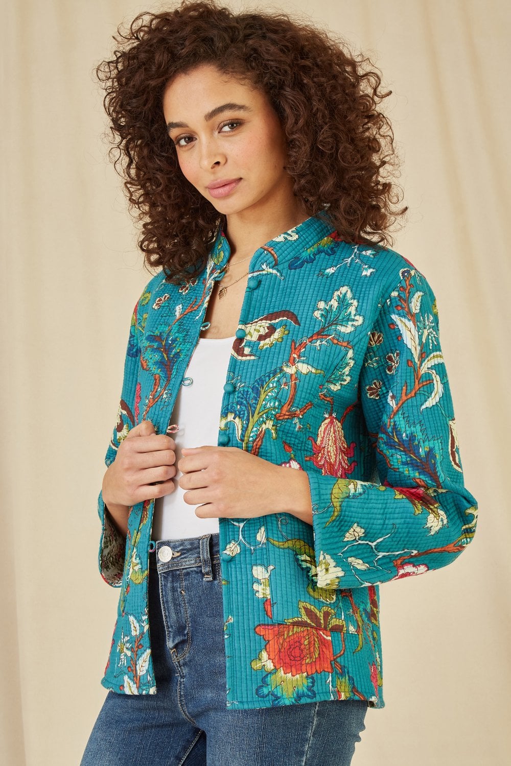 Yumi Teal Floral Print Reversible Cotton Quilted Jacket