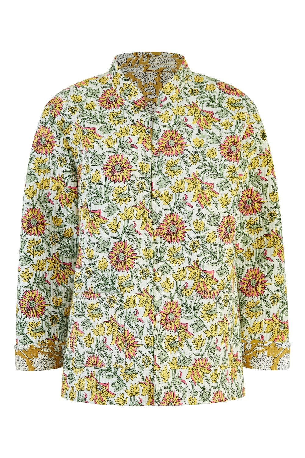 Yumi Yellow Floral Print Reversible Cotton Quilted Jacket