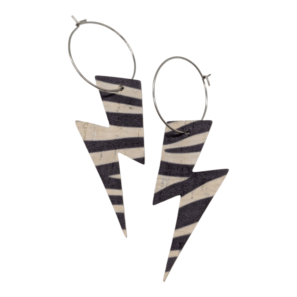 Zebra print cork lightning bolt hoop earrings