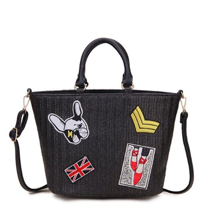 Black Badges Vegan Leather and Straw Tote Shopper Bag | bnida