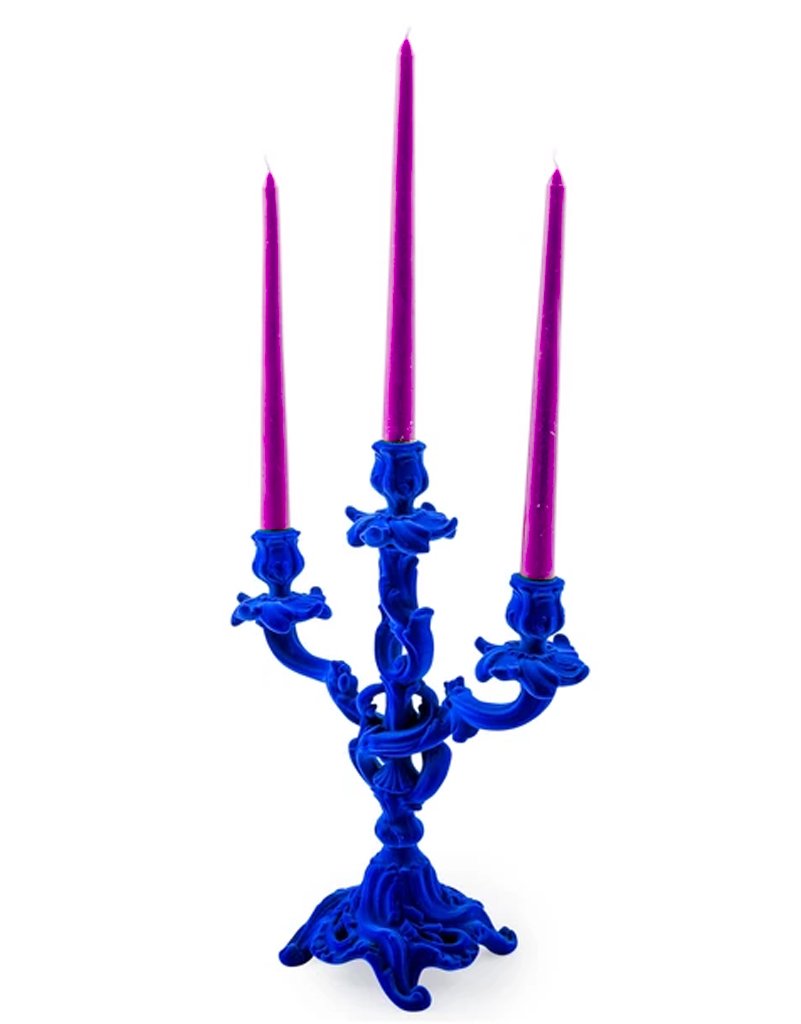 Bright Cobalt Blue Vintage Style Flocked Candelabra