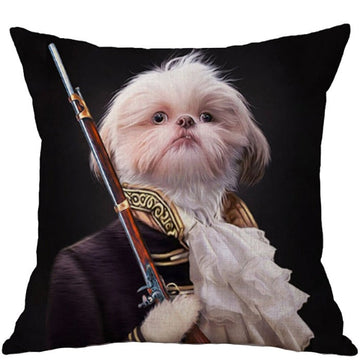 White Dog With Rifle Oil Painting Cushion Pillow | bnbyl