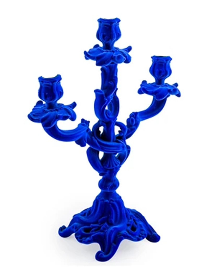 Bright Cobalt Blue Vintage Style Flocked Candelabra
