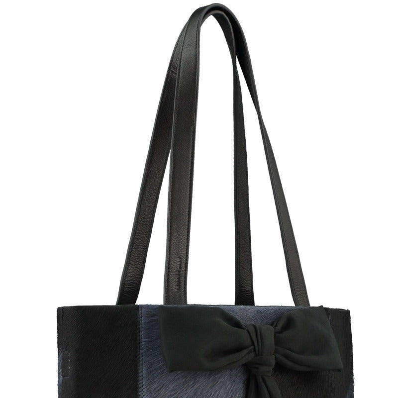 Navy Blue Bow Haircalf Leather Tote Bag Womens Leather Bag Brix Bailey