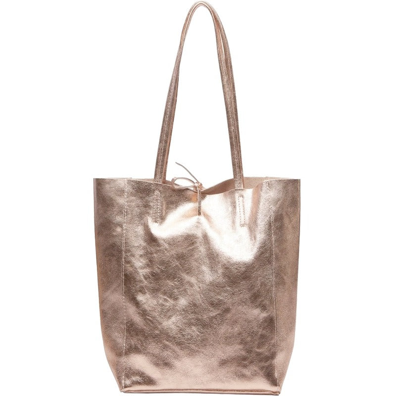 Rose Gold Metallic Leather Tote – Elegant & Versatile by Sostter at brixbailey.com