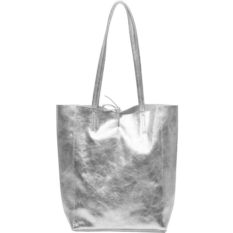 Silver Metallic Leather Tote Shopper Bag Brix Bailey Sostter