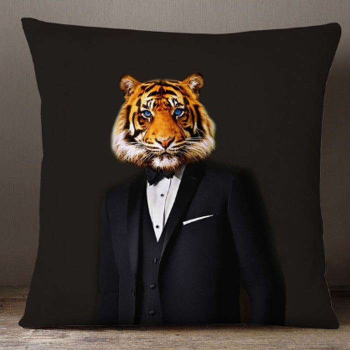 Tiger Black Tie Suit Oil Painting Cushion Pillow
