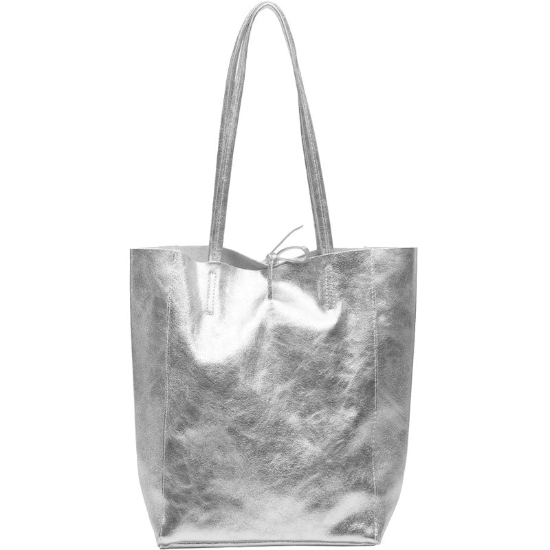 Silver Metallic Leather Tote – Stylish & Functional Shopper Bag by Sostter at brixbailey.com