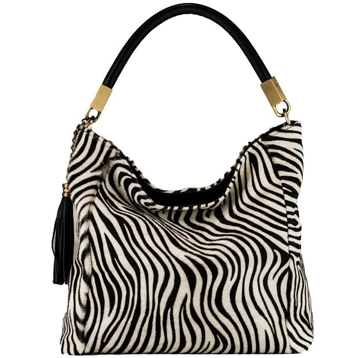 Zebra Print Calf Hair Leather Tassel Grab Bag Brix and Bailey womens Bag