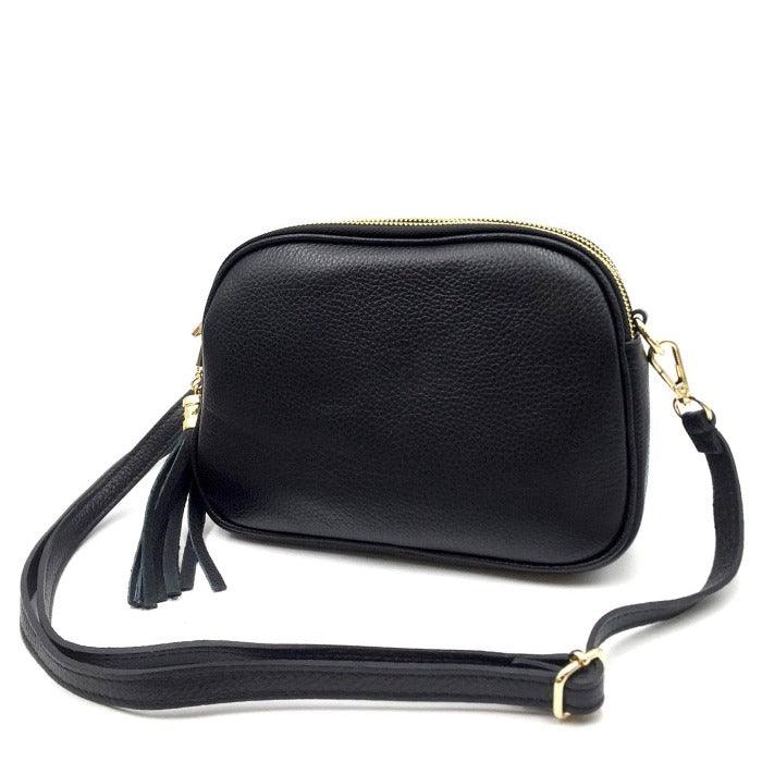 Black Leather Multi Section Cross Body Camera Bag - Brix + Bailey