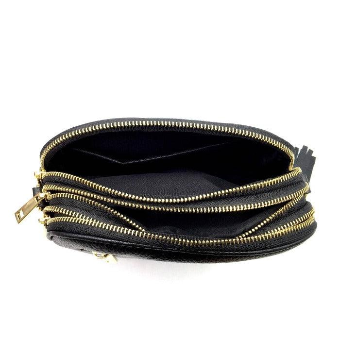 Black Leather Multi Section Cross Body Camera Bag - Brix + Bailey