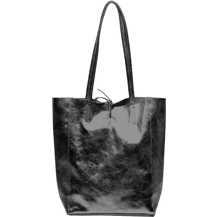 Black Metallic Leather Tote – Elegant & Spacious Italian Design by Sostter at brixbailey.com