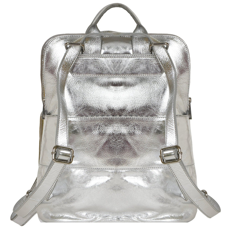 Silver Metallic Leather Flap Pocket Backpack Brix and Bailey Ethical Leather Bag Brand