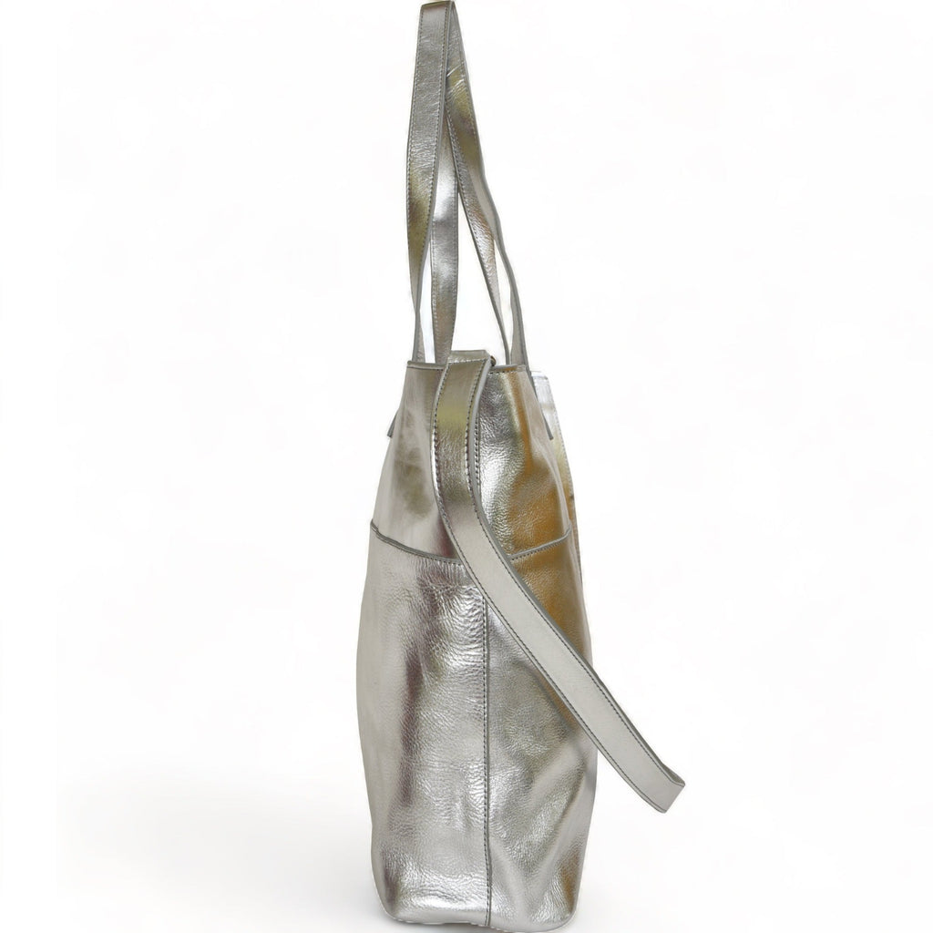 Silver Metallic Horizontal Leather ToteSilver Metallic Horizontal Leather Tote Brix and Bailey Ethical Handbag Brand Silver Metallic Horizontal Leather Tote Brix and Bailey Ethical Handbag Brand