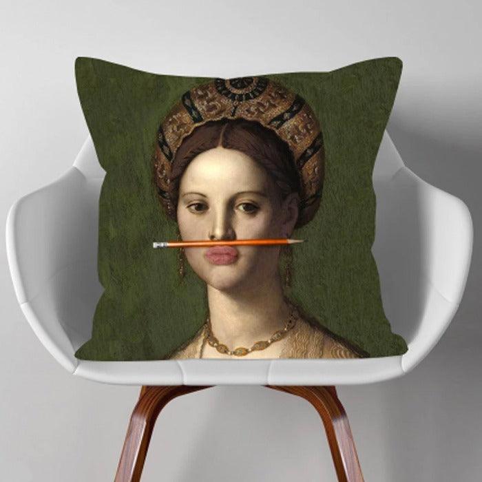 Girl With The Orange Pencil Oil Painting Cushion Pillow - Brix + Bailey