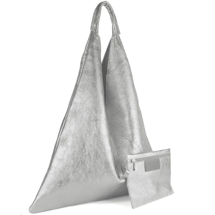 Womens Triangular Japanese Silver Metallic Boho Leather Sostter Bag Brix and Bailey