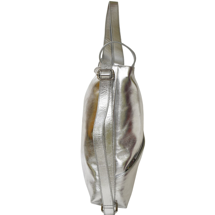 Silver Metallic Leather Convertible Tote Backpack Brix Bailey Ethical Sustainable Tote Backpack Brix Bailey