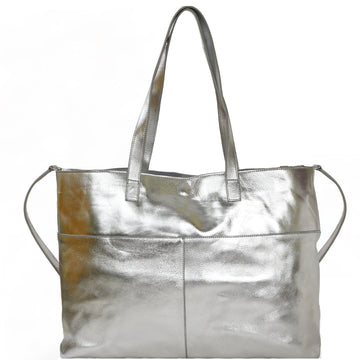 Silver Metallic Horizontal Leather Tote Brix and Bailey Ethical Handbag Brand