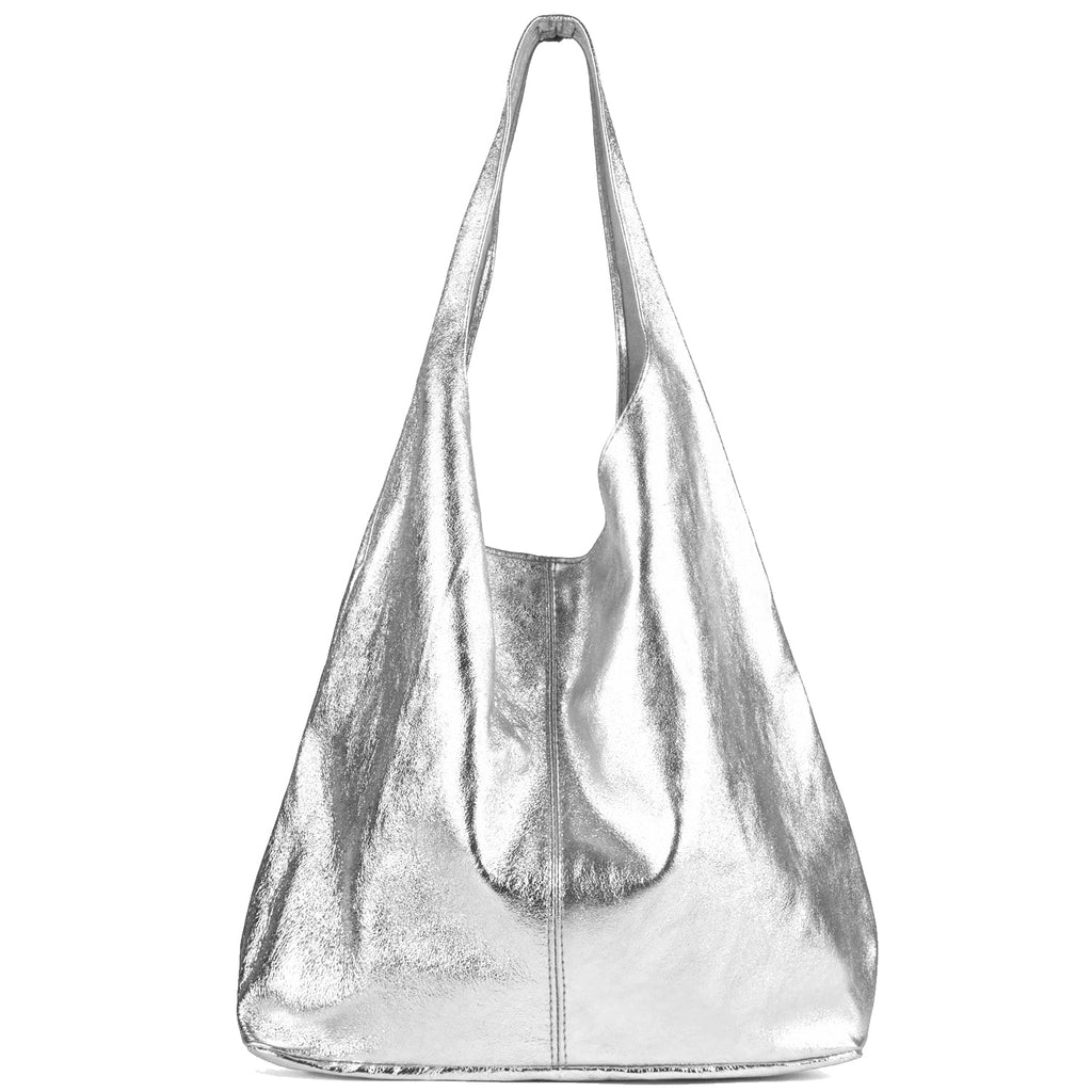 Elegant Silver Hobo Shoulder Bag – Chic & Spacious Leather by Sostter at brixbailey.com