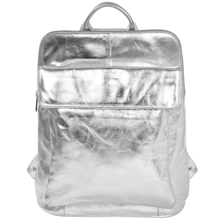 Silver Metallic Leather Flap Pocket Backpack Brix and Bailey Ethical Leather Bag Brand