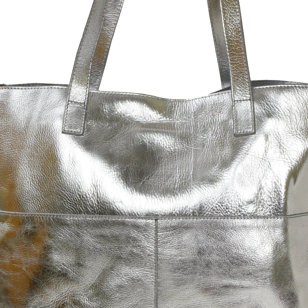 Silver Metallic Horizontal Leather ToteSilver Metallic Horizontal Leather Tote Brix and Bailey Ethical Handbag Brand