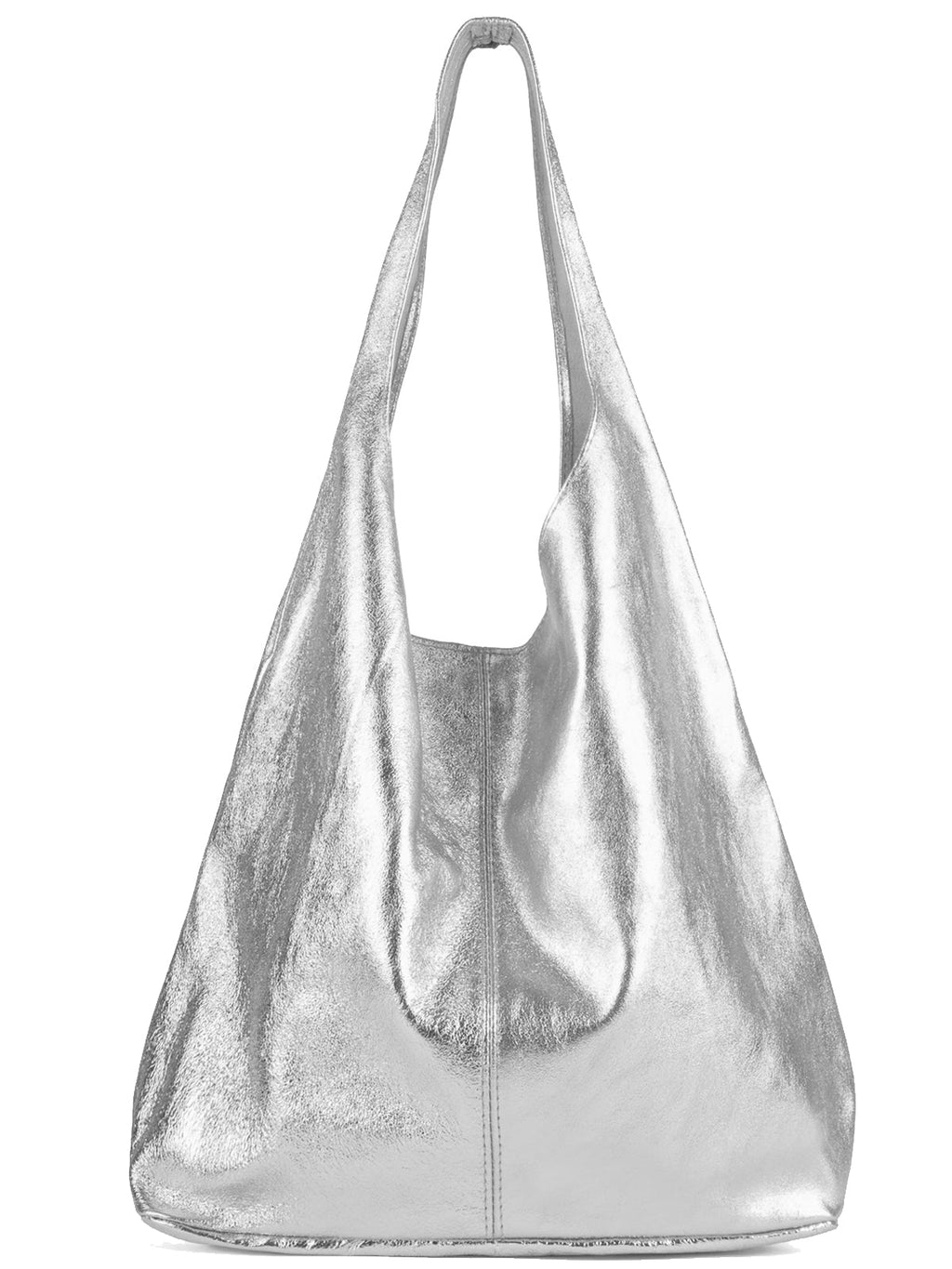Silver Metallic Leather Hobo Bag – Chic & Spacious Design by Sostter at brixbailey.com
