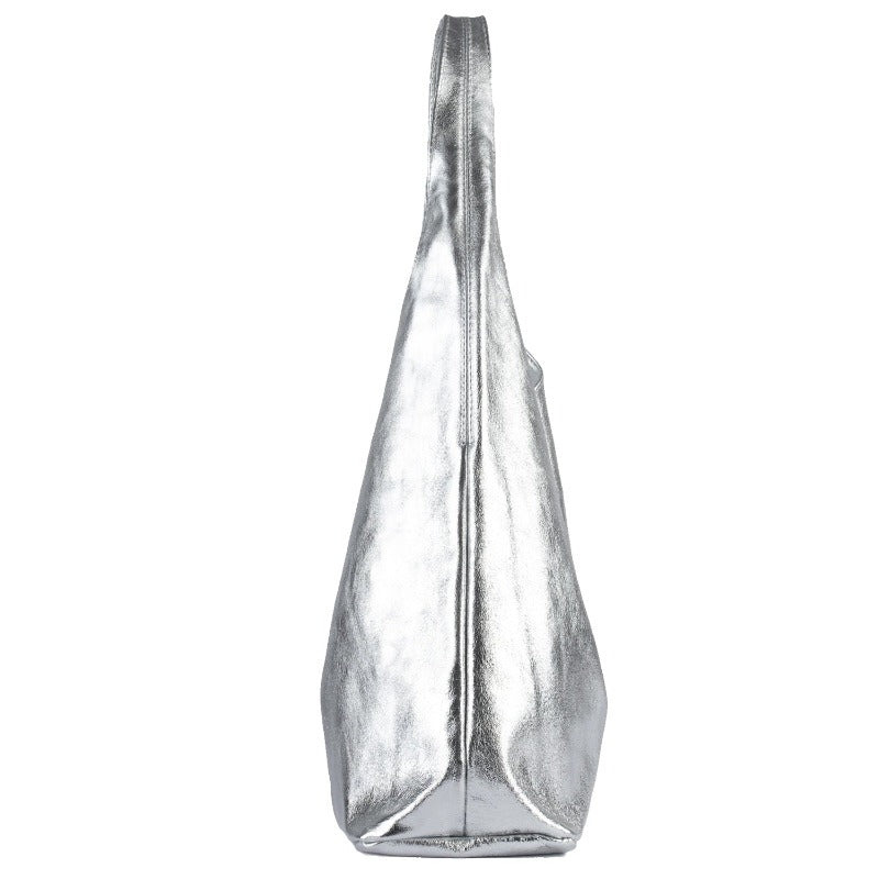 Silver Metallic Hobo Bag - Chic Leather with Secure Storage by Sostter at brixbailey.com
