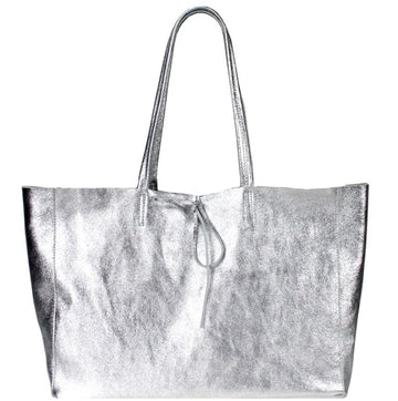 Silver Metallic Tie Top Horizontal Leather Tote Shopper Bag Sostter Brix and Bailey