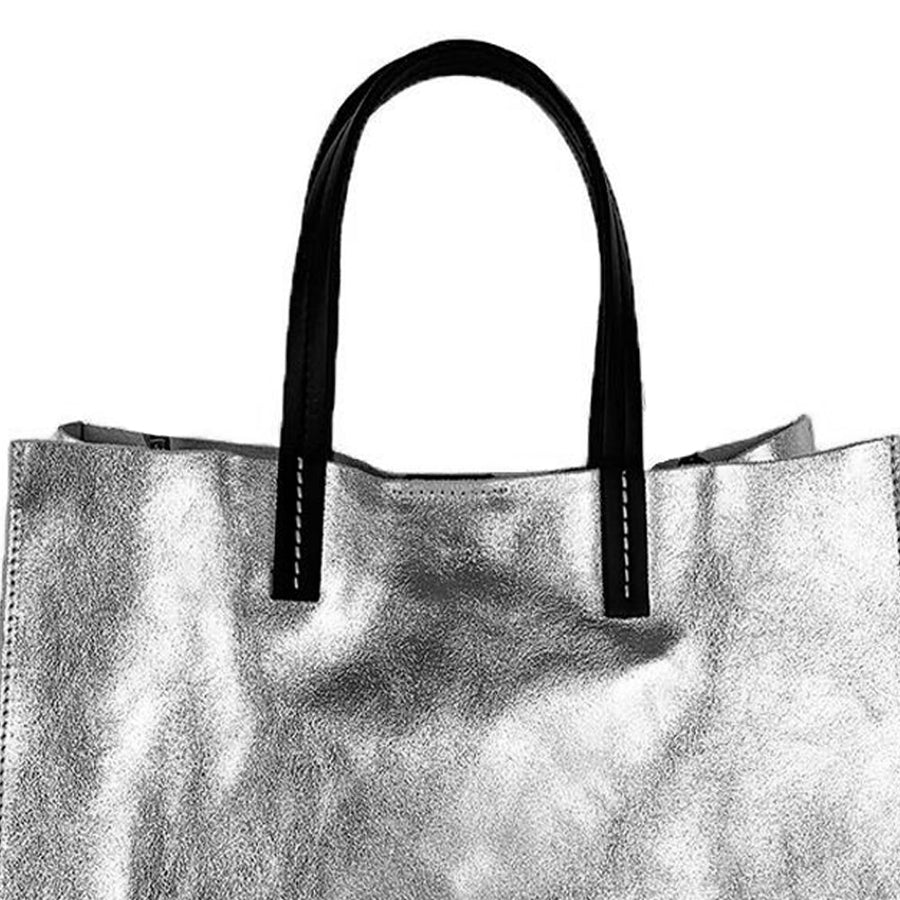 Silver Leather Top Handle Tote Bag