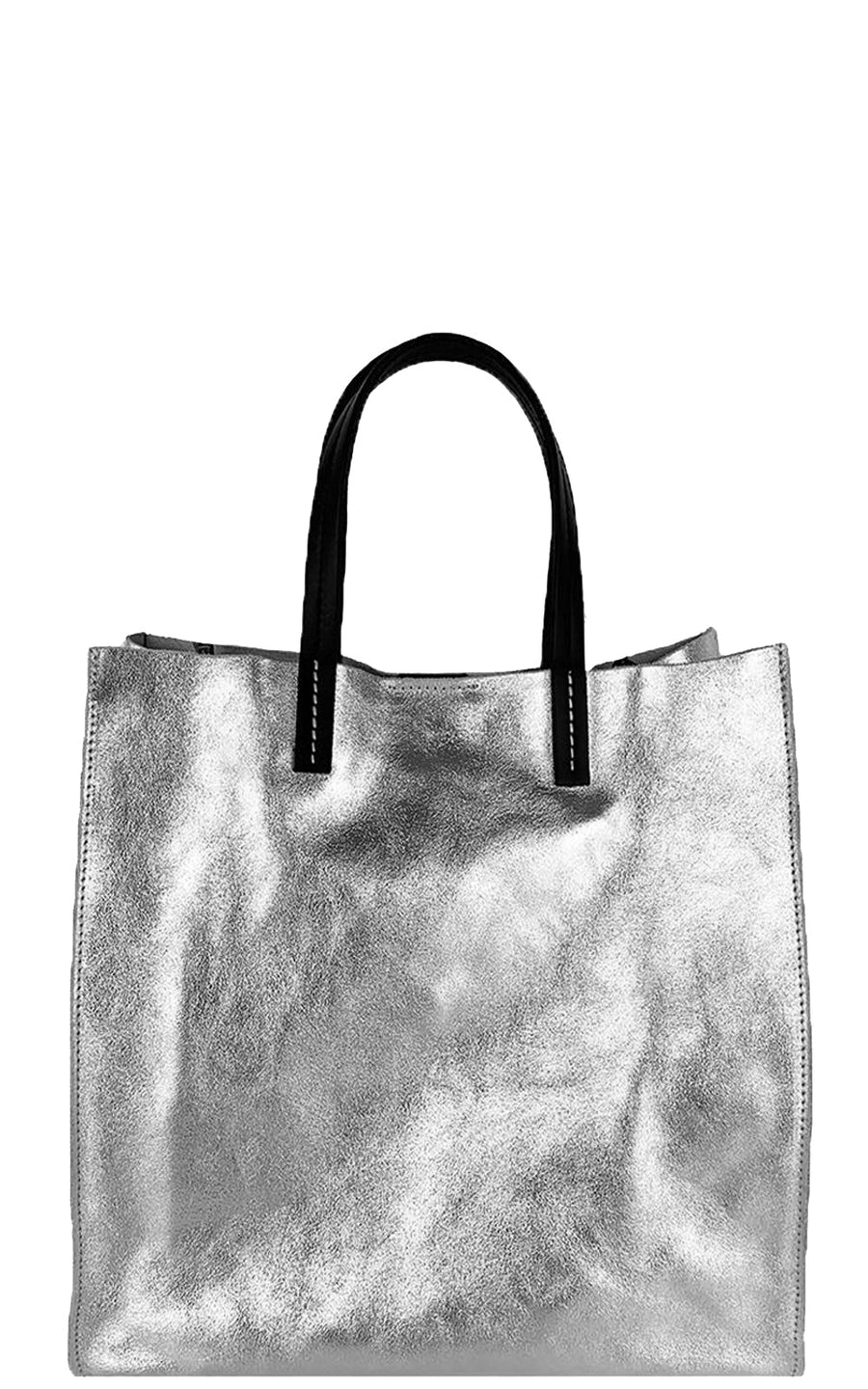 Silver Leather Top Handle Tote Bag Sostter