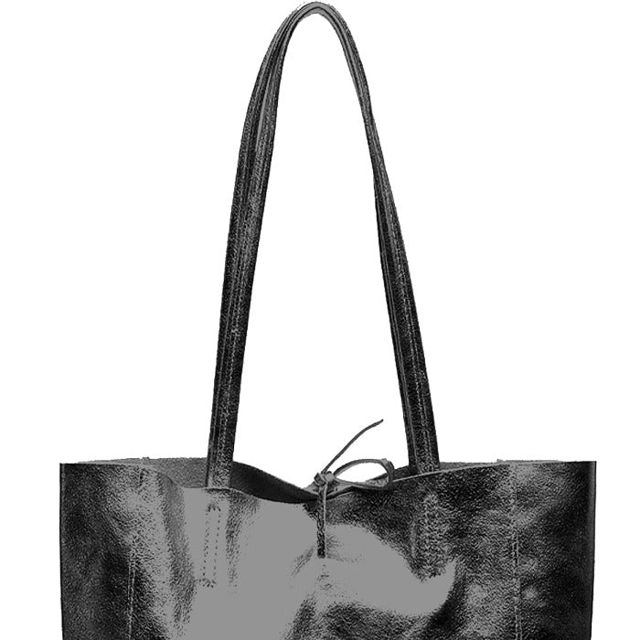 Black Metallic Leather Tote – Elegant & Spacious for Everyday Use by Sostter at brixbailey.com