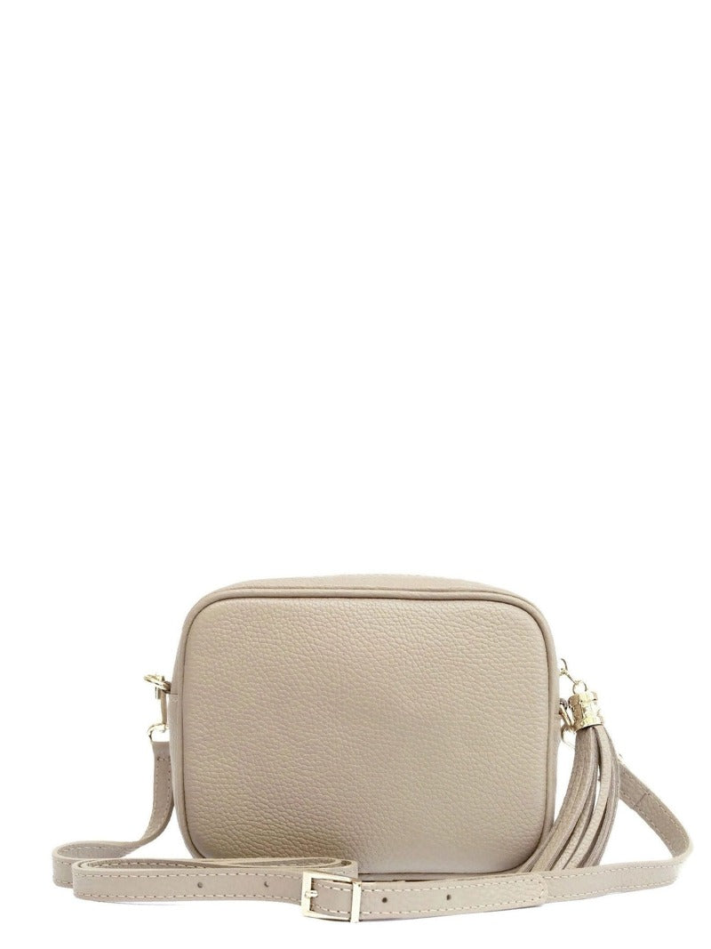 Light Taupe Leather Tassel Crossbody Bag Brix and Bailey  Sostter womens leather mini bag